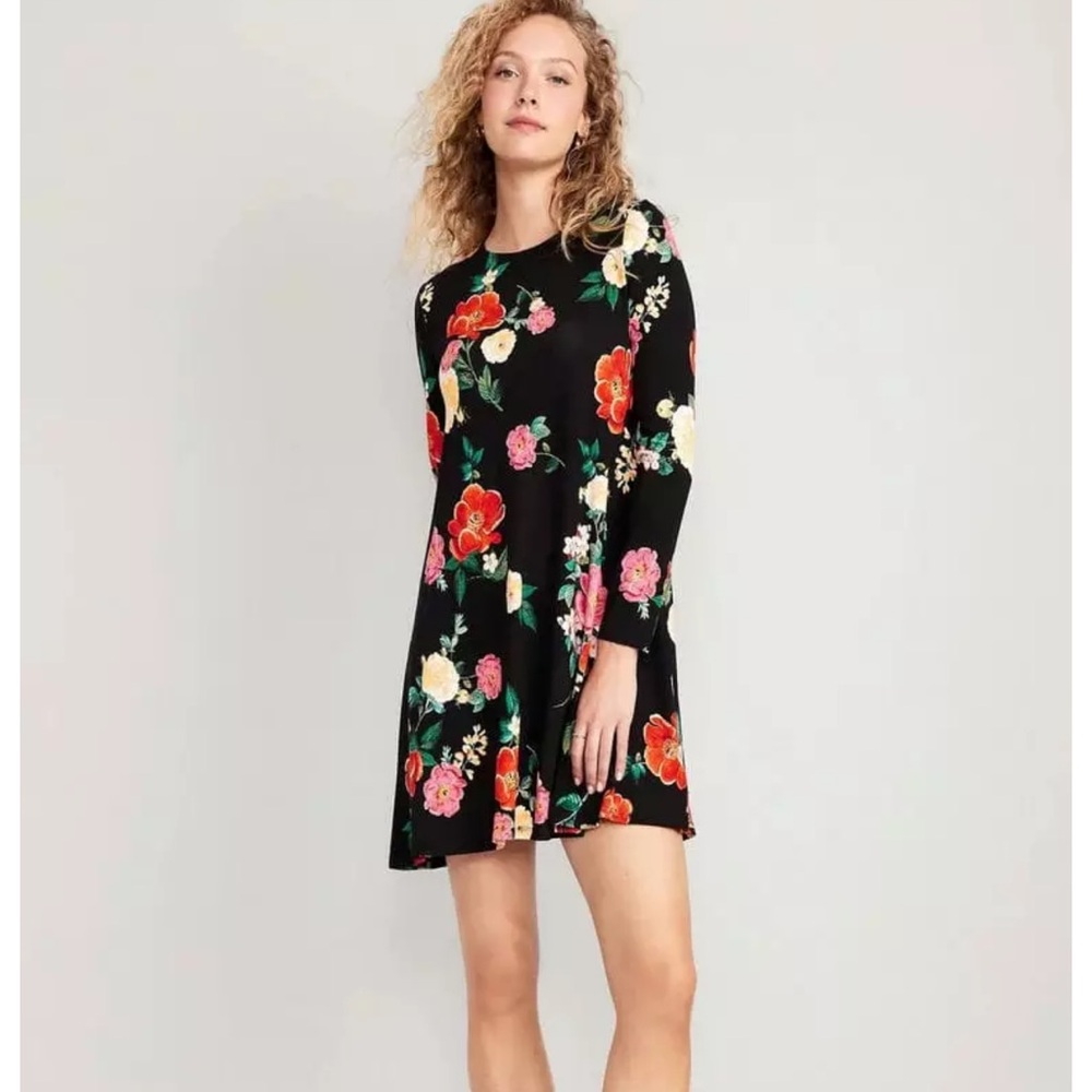 Old Navy Long-Sleeve Jersey-Knit Mini‎ Swing Dress floral